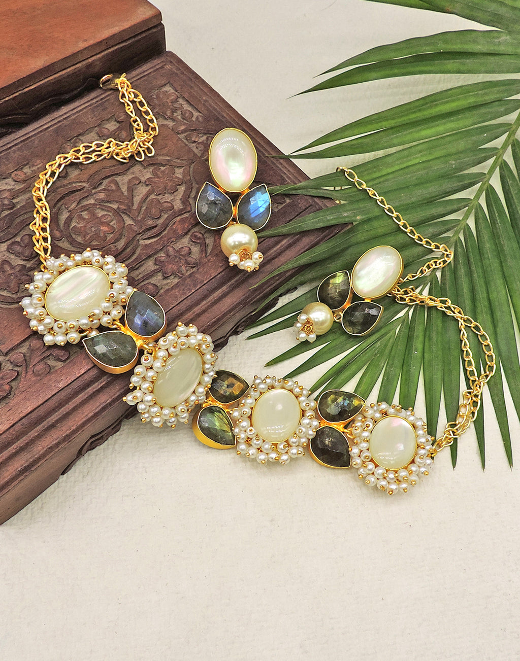 Labradorite & Shell Earrings - Statement Earrings - Gold-Plated & Hypoallergenic Jewellery - Made in India - Dubai Jewellery - Dori