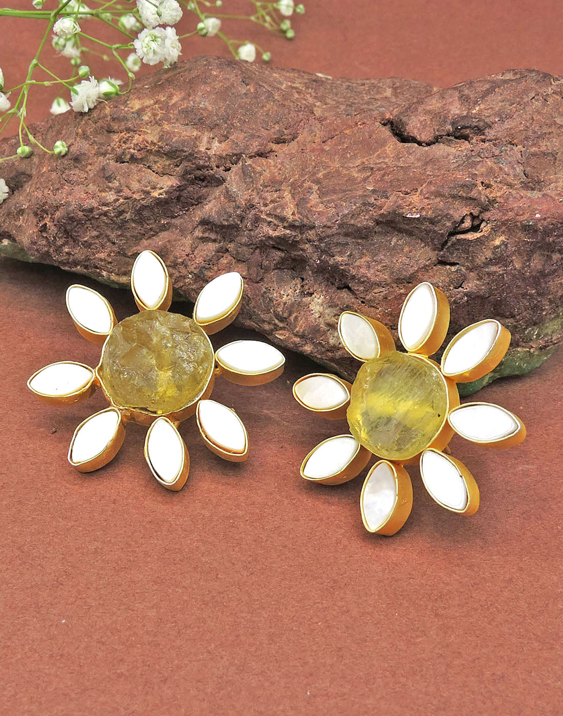 Lisa Flower Earrings (Citrine) - Statement Earrings - Gold-Plated & Hypoallergenic - Made in India - Dubai Jewellery - Dori