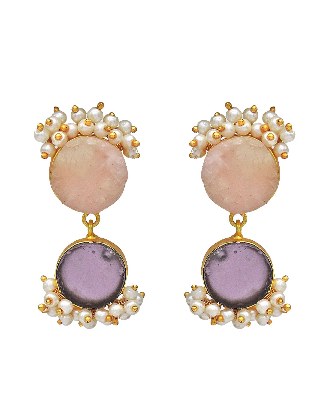 Twin Bloom Earrings (Rose Quartz & Amethyst) - Statement Earrings - Gold-Plated & Hypoallergenic - Made in India - Dubai Jewellery - Dori