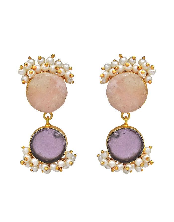 Twin Bloom Earrings (Rose Quartz & Amethyst) - Statement Earrings - Gold-Plated & Hypoallergenic - Made in India - Dubai Jewellery - Dori