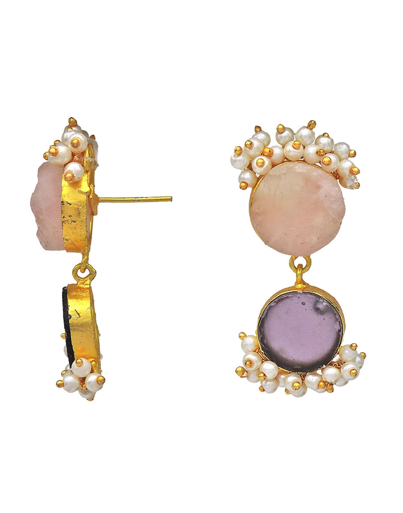 Twin Bloom Earrings (Rose Quartz & Amethyst) - Statement Earrings - Gold-Plated & Hypoallergenic - Made in India - Dubai Jewellery - Dori