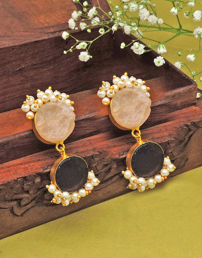 Twin Bloom Earrings (Rose Quartz & Amethyst) - Statement Earrings - Gold-Plated & Hypoallergenic - Made in India - Dubai Jewellery - Dori