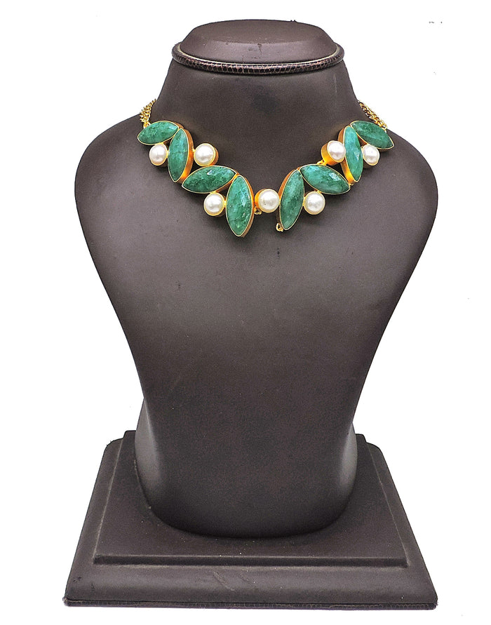 Green Haathi & Pearl Necklace - Statement Necklaces - Gold-Plated & Hypoallergenic Jewellery - Made in India - Dubai Jewellery - Dori