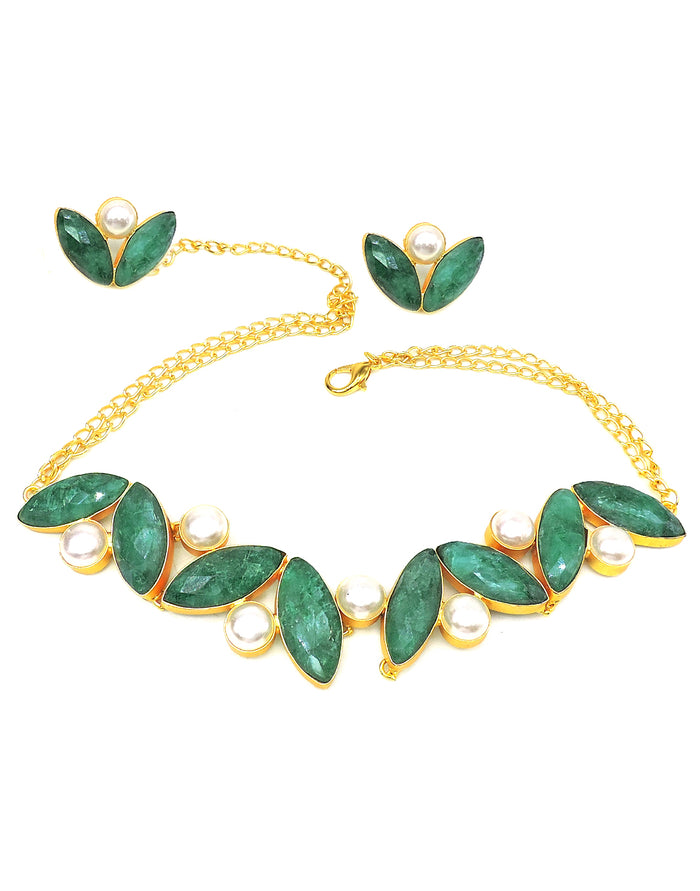 Green Haathi & Pearl Necklace - Statement Necklaces - Gold-Plated & Hypoallergenic Jewellery - Made in India - Dubai Jewellery - Dori