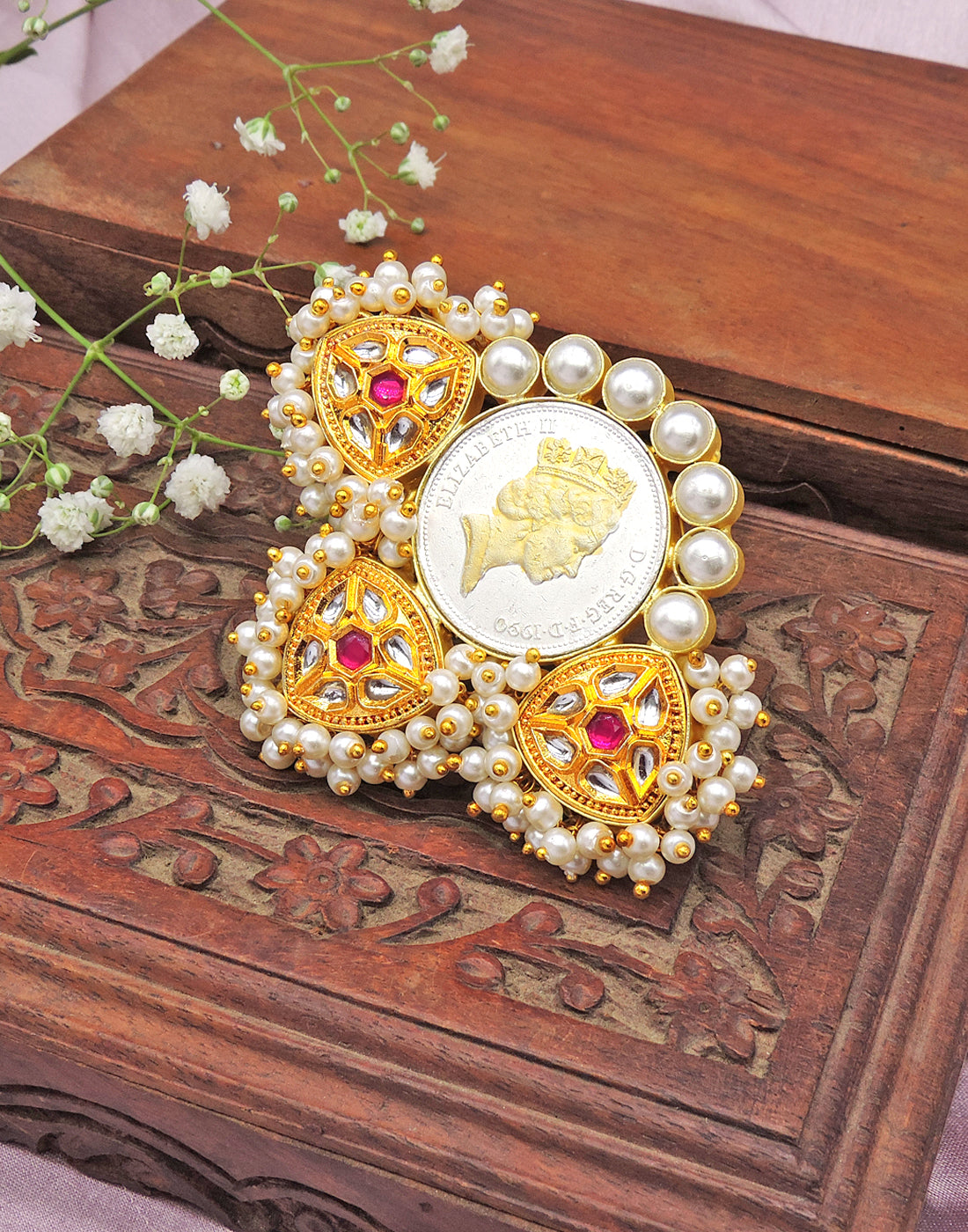 Coin Kundan Ring - Statement Rings - Gold-Plated & Hypoallergenic Jewellery - Made in India - Dubai Jewellery - Dori