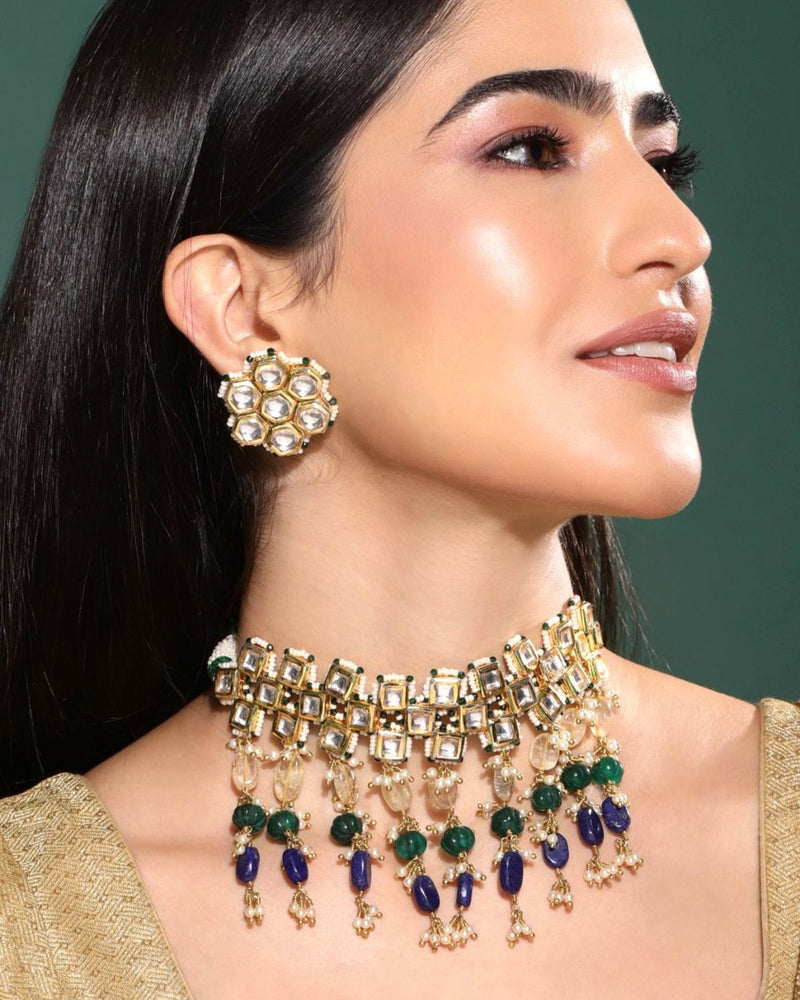 Antheia Lapiz Lazuli Kundan Choker Set  Necklaces - Handcrafted Jewellery - Made in India - Dubai Jewellery, Fashion & Lifestyle - Dori