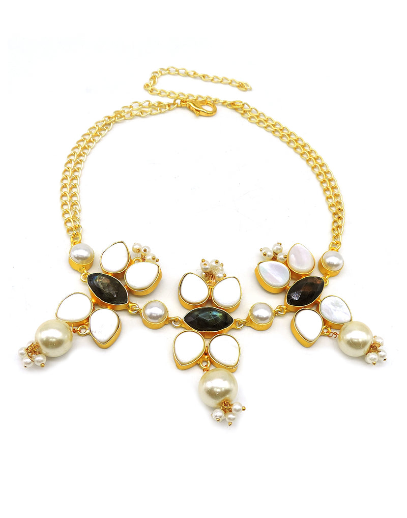 Pearl Flower Trio Necklace - Statement Necklaces - Gold-Plated & Hypoallergenic Jewellery - Made in India - Dubai Jewellery - Dori