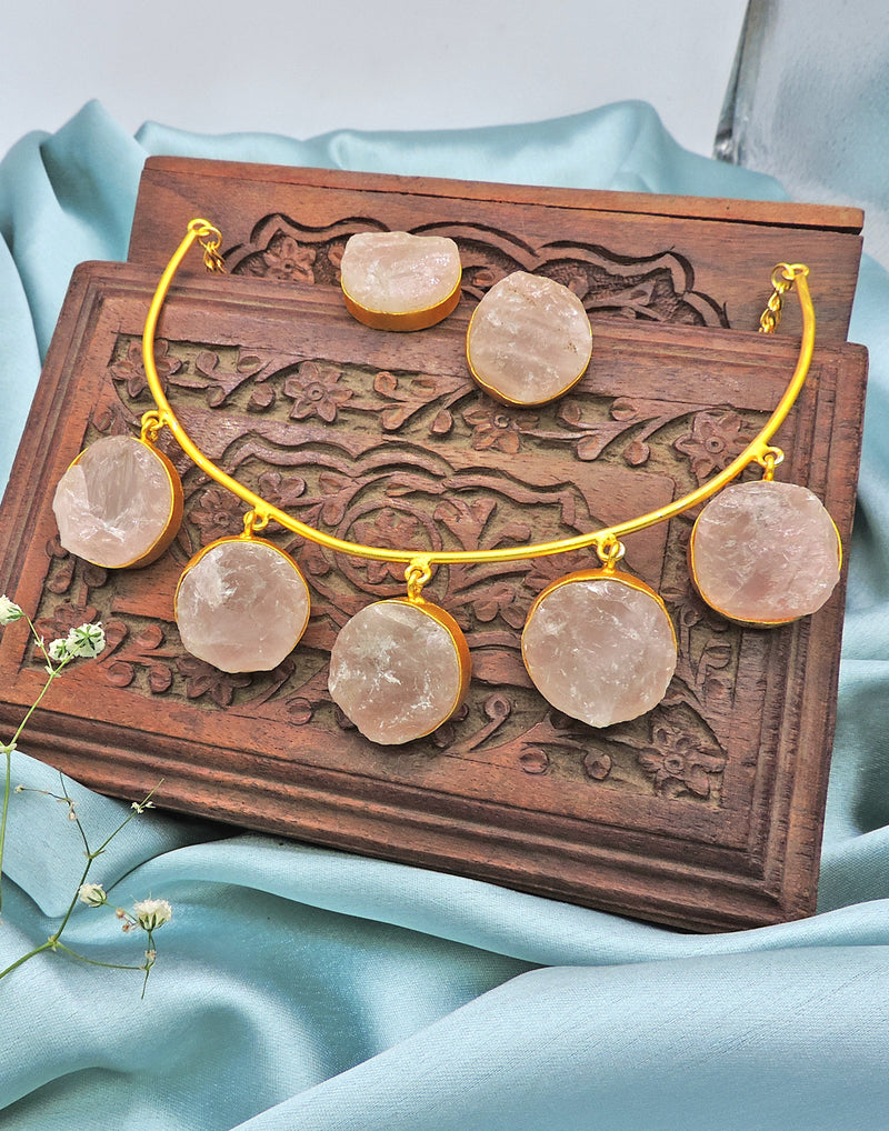 Rose Quartz Necklace - Statement Necklaces - Gold-Plated & Hypoallergenic Jewellery - Made in India - Dubai Jewellery - Dori