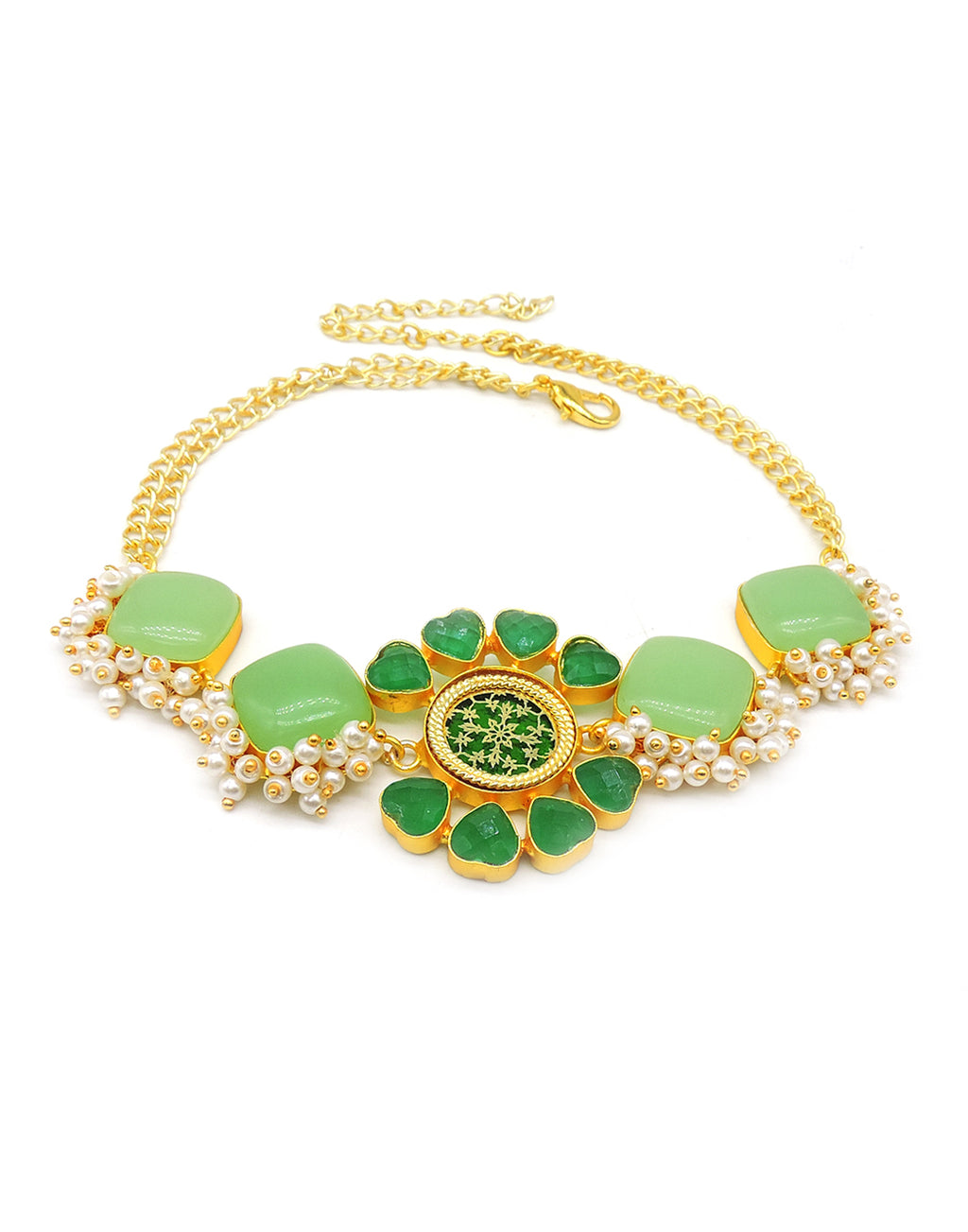 Green Flower Necklace - Statement Necklaces - Gold-Plated & Hypoallergenic Jewellery - Made in India - Dubai Jewellery - Dori