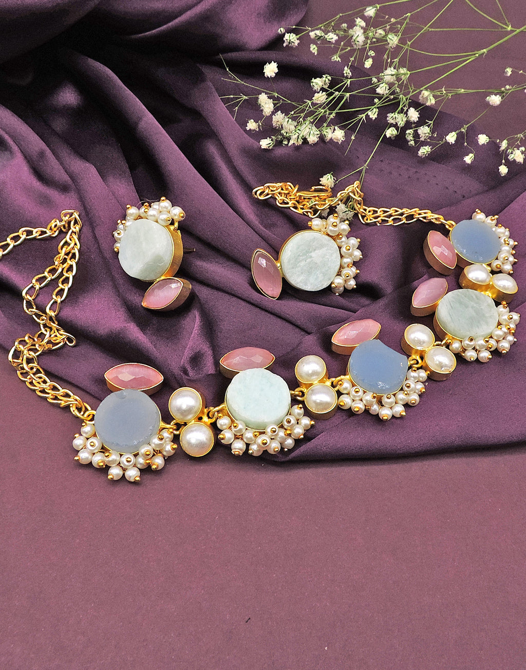 Jewelled Trio Necklace - Statement Necklaces - Gold-Plated & Hypoallergenic Jewellery - Made in India - Dubai Jewellery - Dori