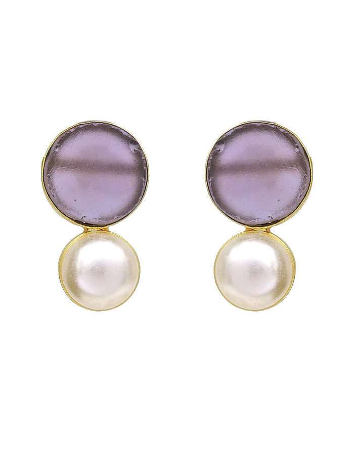 Pearl & Stone Earrings (Amethyst) - Statement Earrings - Gold-Plated & Hypoallergenic Jewellery - Made in India - Dubai Jewellery - Dori