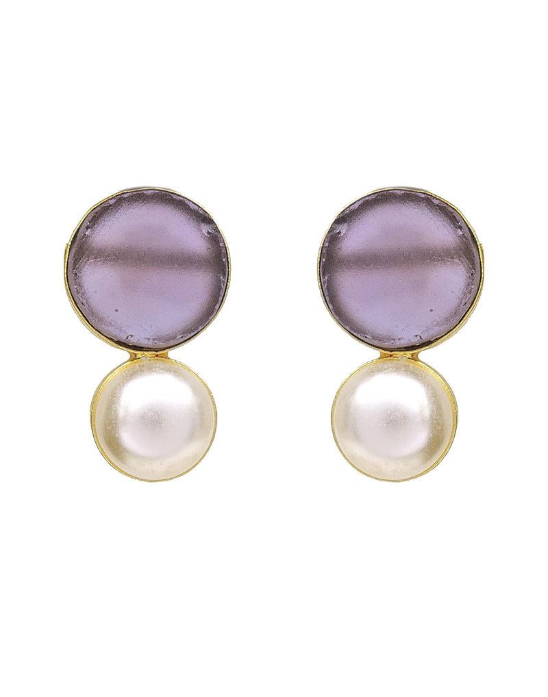 Pearl & Stone Earrings (Amethyst) - Statement Earrings - Gold-Plated & Hypoallergenic Jewellery - Made in India - Dubai Jewellery - Dori