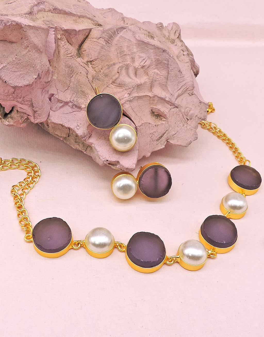 Pearl & Stone Earrings (Amethyst) - Statement Earrings - Gold-Plated & Hypoallergenic Jewellery - Made in India - Dubai Jewellery - Dori