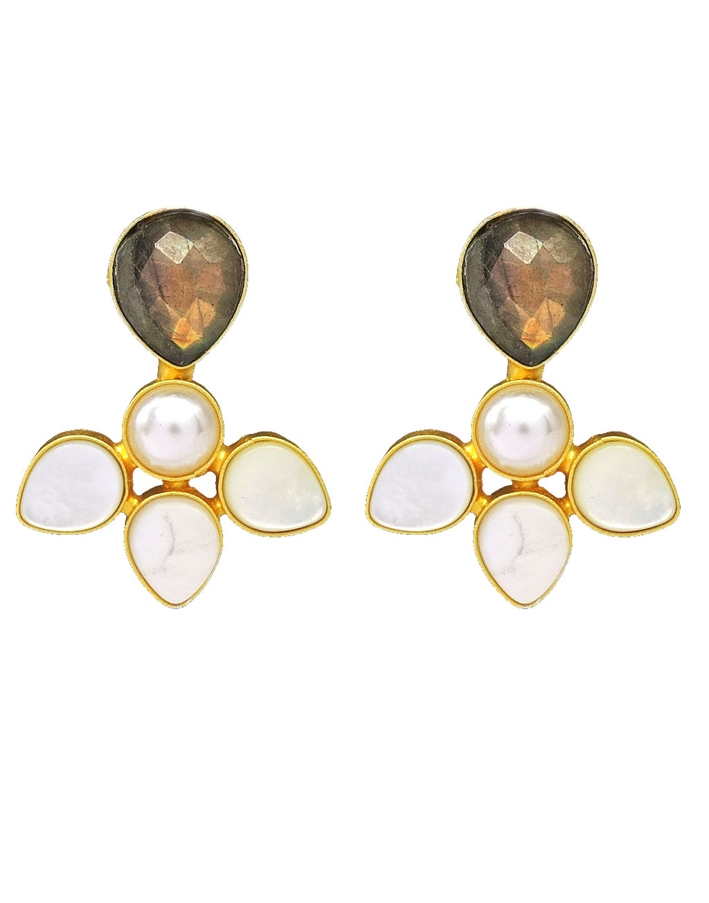 Labradorite & Pearl Flower Earrings - Statement Earrings - Gold-Plated & Hypoallergenic Jewellery - Made in India - Dubai Jewellery - Dori