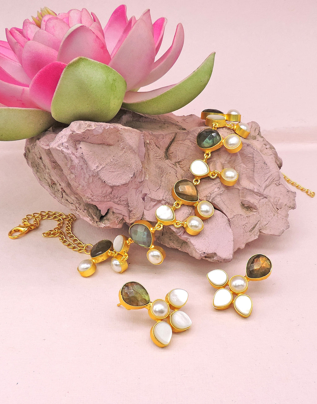 Labradorite & Pearl Flower Earrings - Statement Earrings - Gold-Plated & Hypoallergenic Jewellery - Made in India - Dubai Jewellery - Dori