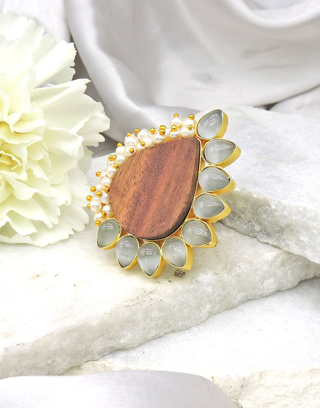 Floral Wood Ring | Grey & Blue - Statement Rings - Gold-Plated & Hypoallergenic Jewellery - Made in India - Dubai Jewellery - Dori