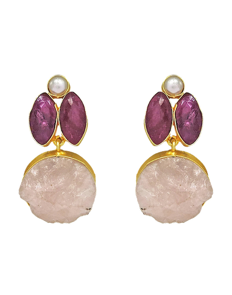 Red Haathi & Rose Quartz Earrings - Statement Earrings - Gold-Plated & Hypoallergenic Jewellery - Made in India - Dubai Jewellery - Dori