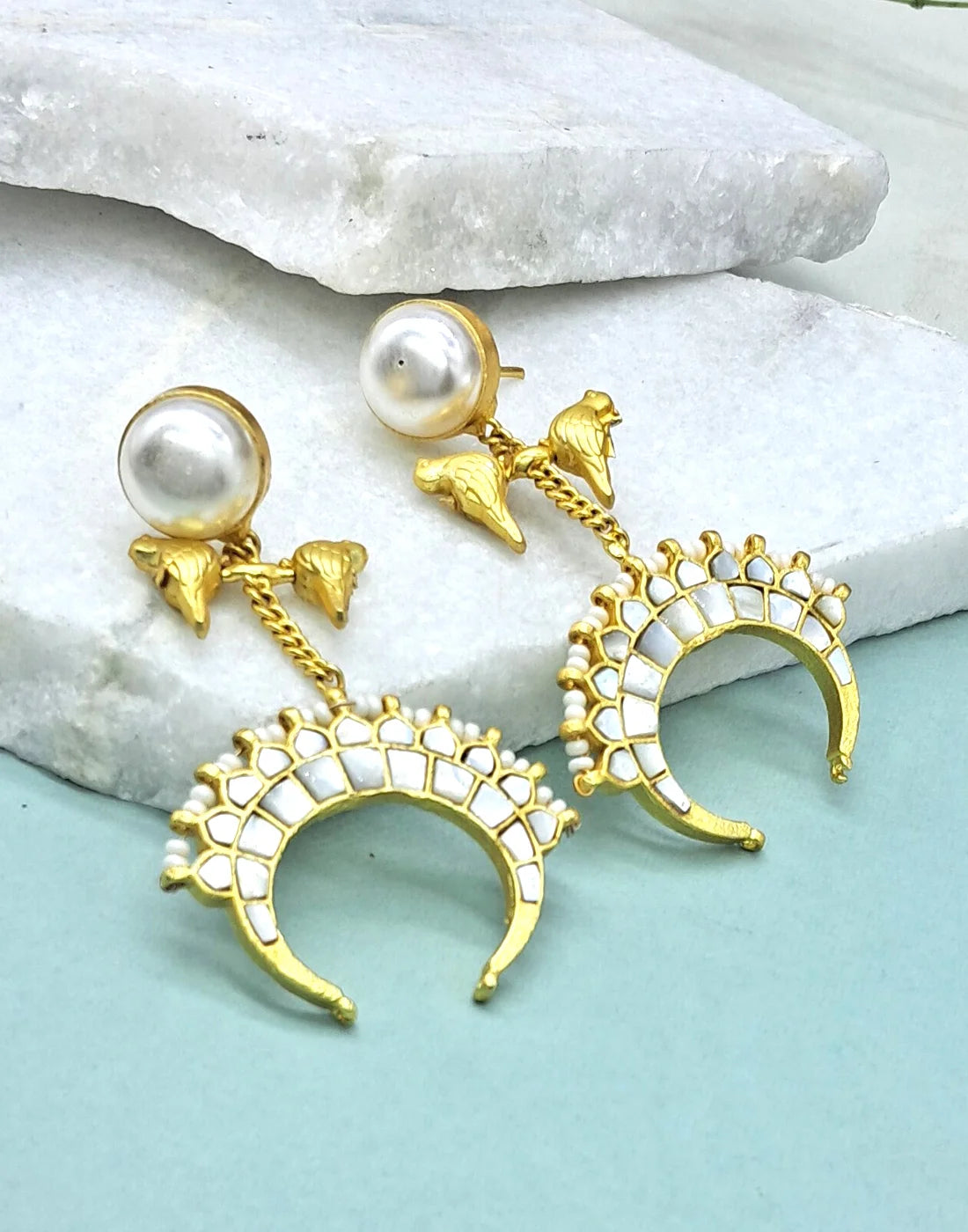 Pearl & Shell Bird Cluster Earrings- Handcrafted Jewellery from Dori