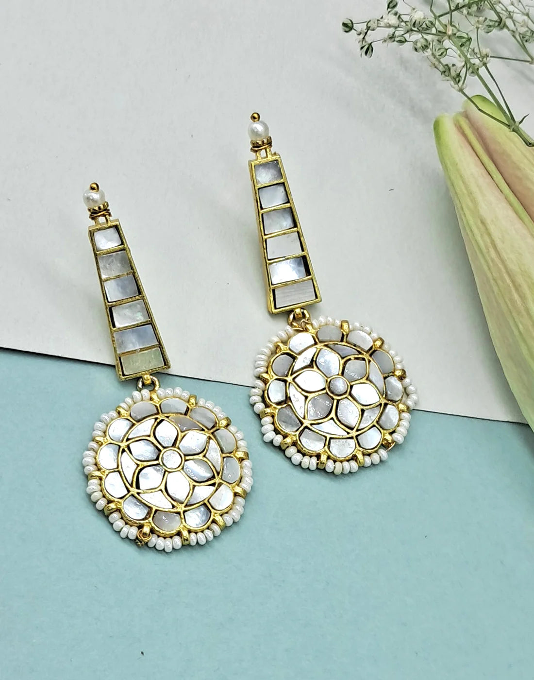 Pearl & Shell Geometric Cluster Earrings- Handcrafted Jewellery from Dori