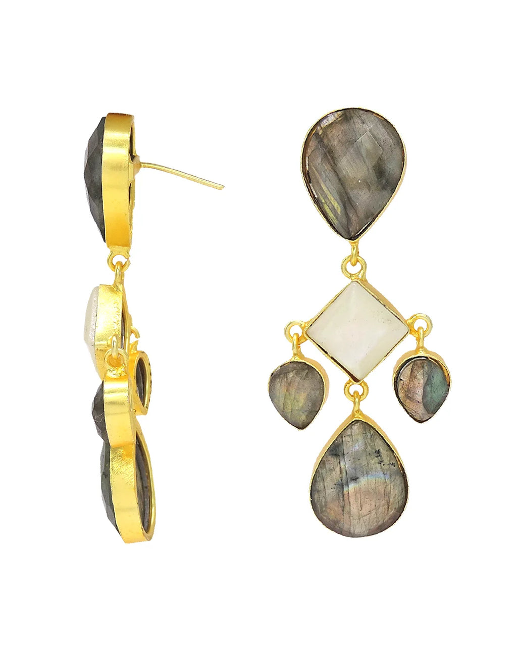 Labradorite & Pearl Statement Drop Earrings- Handcrafted Jewellery from Dori