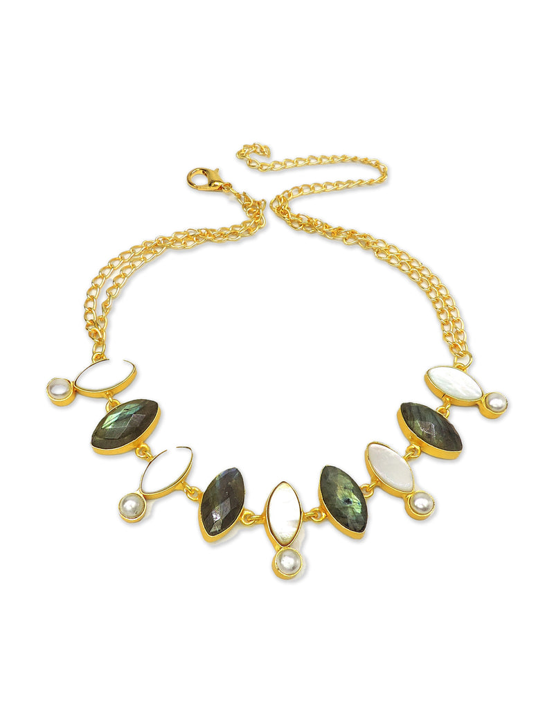 Labradorite & Pearl Necklace - Statement Necklaces - Gold-Plated & Hypoallergenic Jewellery - Made in India - Dubai Jewellery - Dori