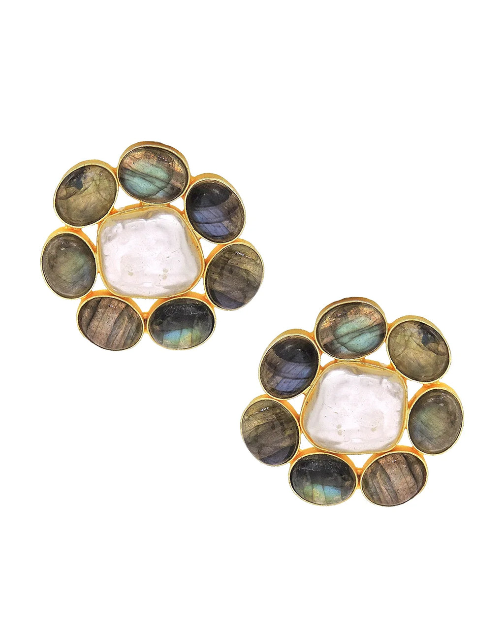 Labradorite & Pearl Floral Earrings- Handcrafted Jewellery from Dori