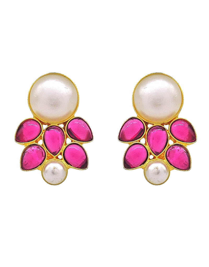Pink Crystal & Pearl Earrings - Statement Earrings - Gold-Plated & Hypoallergenic Jewellery - Made in India - Dubai Jewellery - Dori