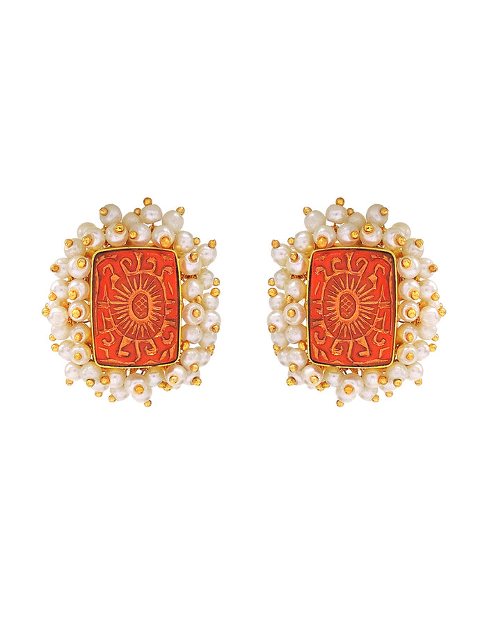 Bloom Rectangle Earrings | Orange, Red & Blue - Statement Earrings - Gold-Plated & Hypoallergenic - Made in India - Dubai Jewellery - Dori