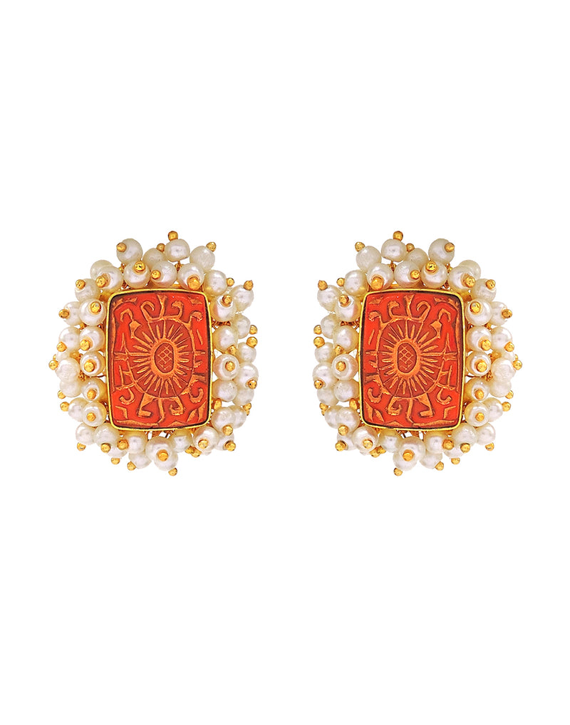 Bloom Rectangle Earrings | Orange, Red & Blue - Statement Earrings - Gold-Plated & Hypoallergenic - Made in India - Dubai Jewellery - Dori