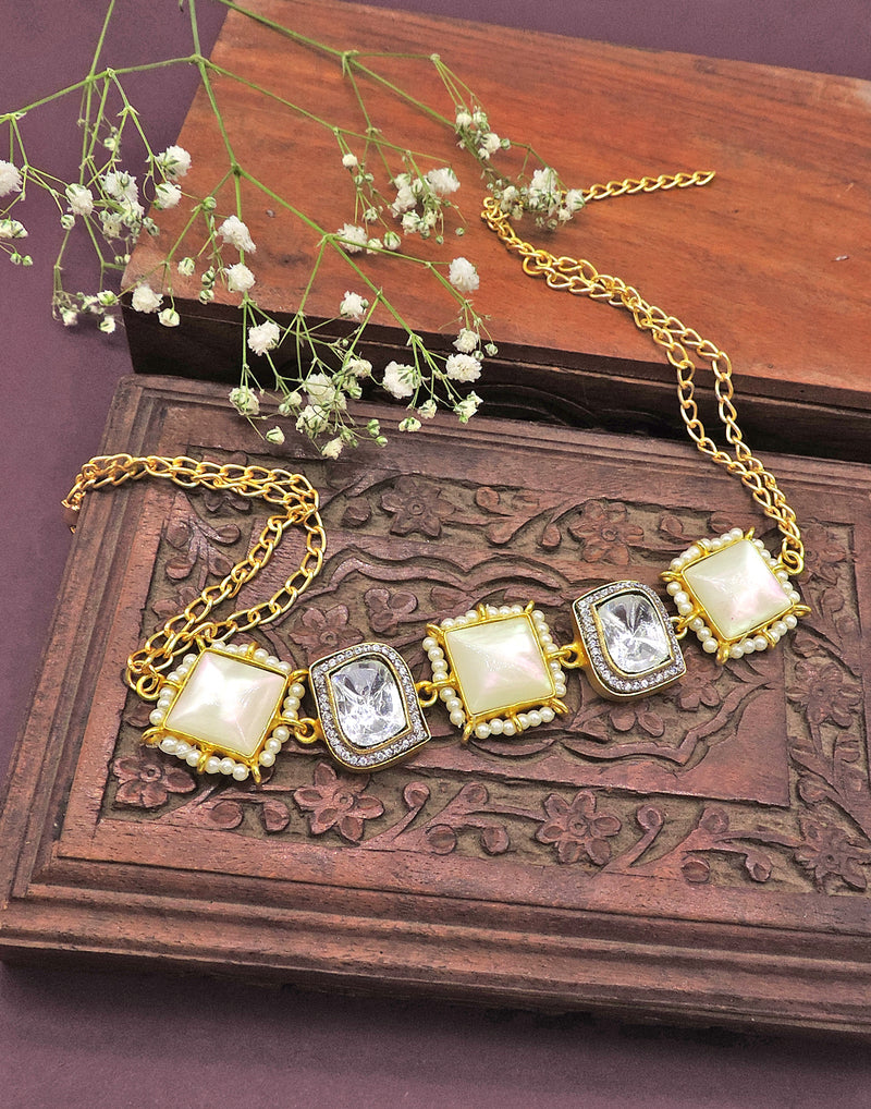 Square Crystal & Shell Necklace - Statement Necklaces - Gold-Plated & Hypoallergenic Jewellery - Made in India - Dubai Jewellery - Dori