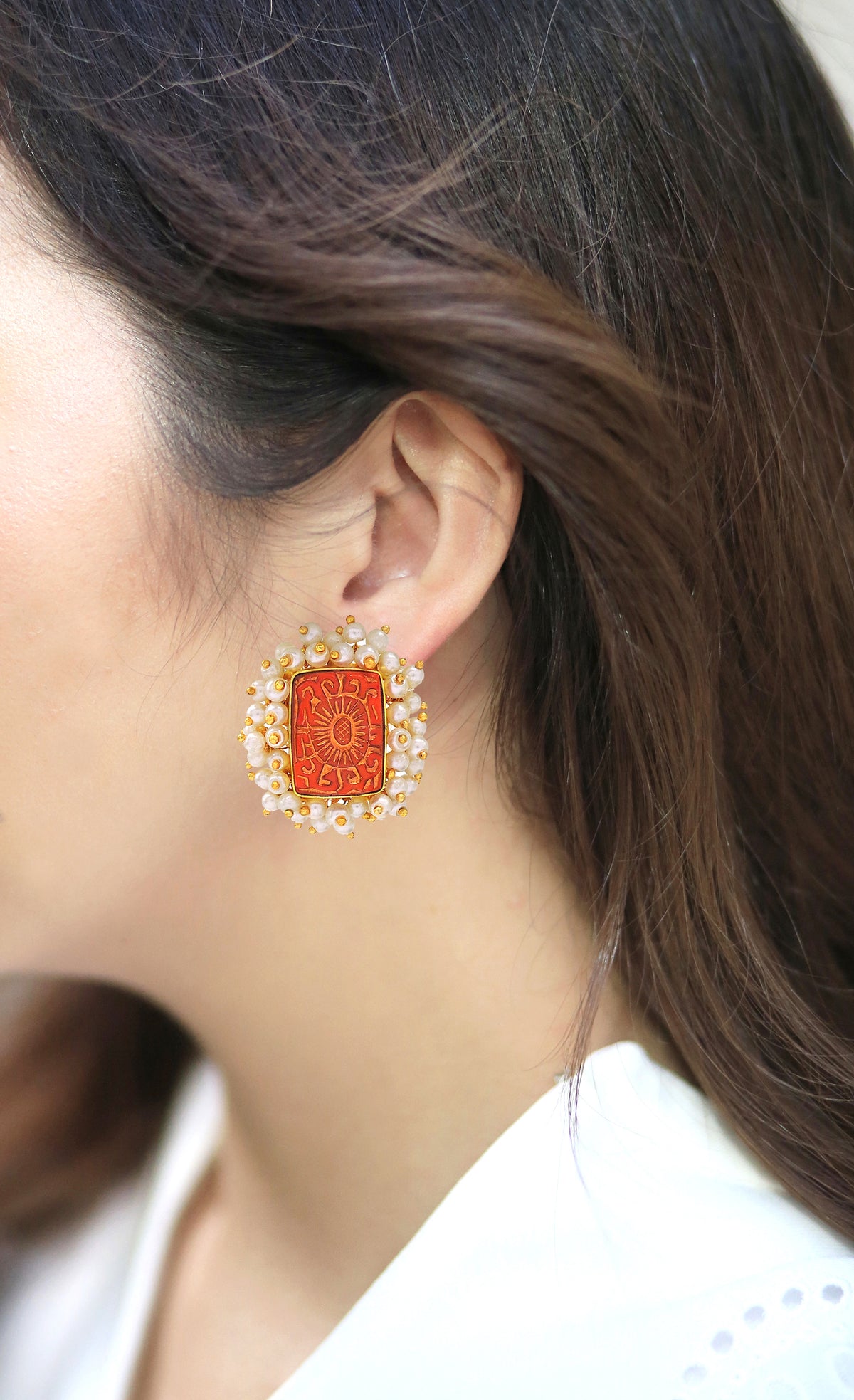 Bloom Rectangle Earrings | Orange, Red & Blue - Statement Earrings - Gold-Plated & Hypoallergenic - Made in India - Dubai Jewellery - Dori