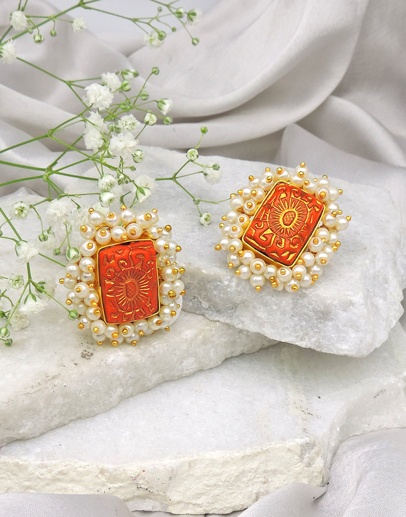 Bloom Rectangle Earrings | Orange, Red & Blue - Statement Earrings - Gold-Plated & Hypoallergenic - Made in India - Dubai Jewellery - Dori