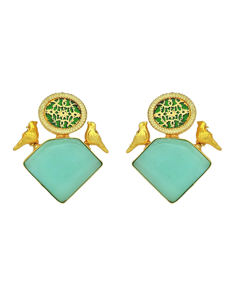 Jewelled Bird Earrings (Aquamarine) | Green & Red - Statement Earrings - Gold-Plated & Hypoallergenic - Made in India - Dubai Jewellery - Dori