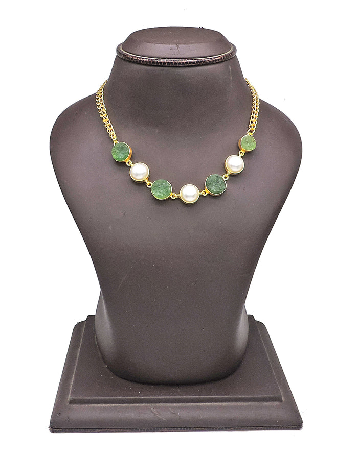 Green Fluorite & Pearl Necklace - Statement Necklaces - Gold-Plated & Hypoallergenic Jewellery - Made in India - Dubai Jewellery - Dori