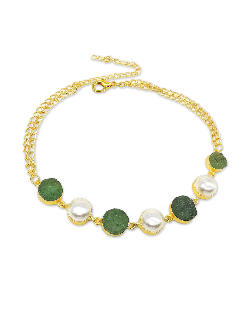 Green Fluorite & Pearl Necklace - Statement Necklaces - Gold-Plated & Hypoallergenic Jewellery - Made in India - Dubai Jewellery - Dori