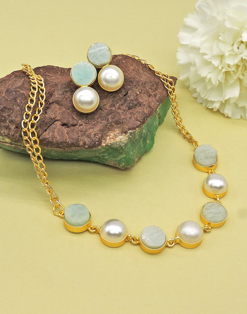 Amazonite & Pearl Necklace - Statement Necklaces - Gold-Plated & Hypoallergenic Jewellery - Made in India - Dubai Jewellery - Dori