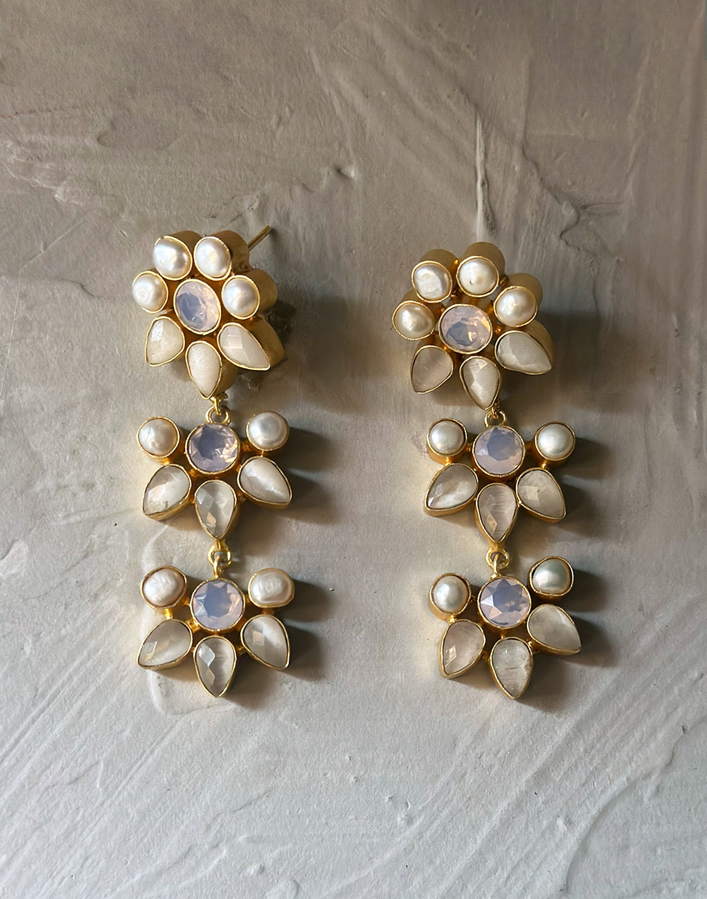 White Flower Trio Earrings - Statement Earrings - Gold-Plated & Hypoallergenic Jewellery - Made in India - Dubai Jewellery - Dori