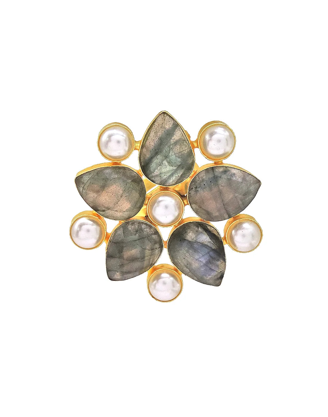 Floral Labradorite & Pearl Ring