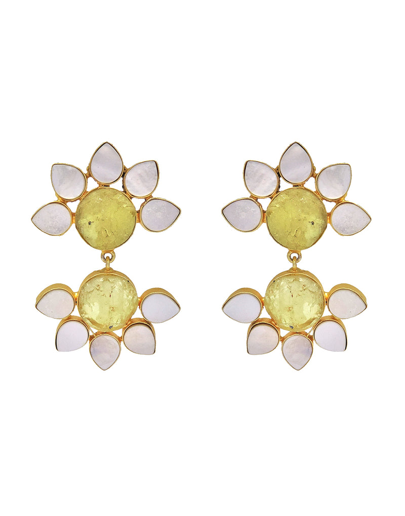 Twin Flora Earrings (Citrine) - Statement Earrings - Gold-Plated & Hypoallergenic Jewellery - Made in India - Dubai Jewellery - Dori