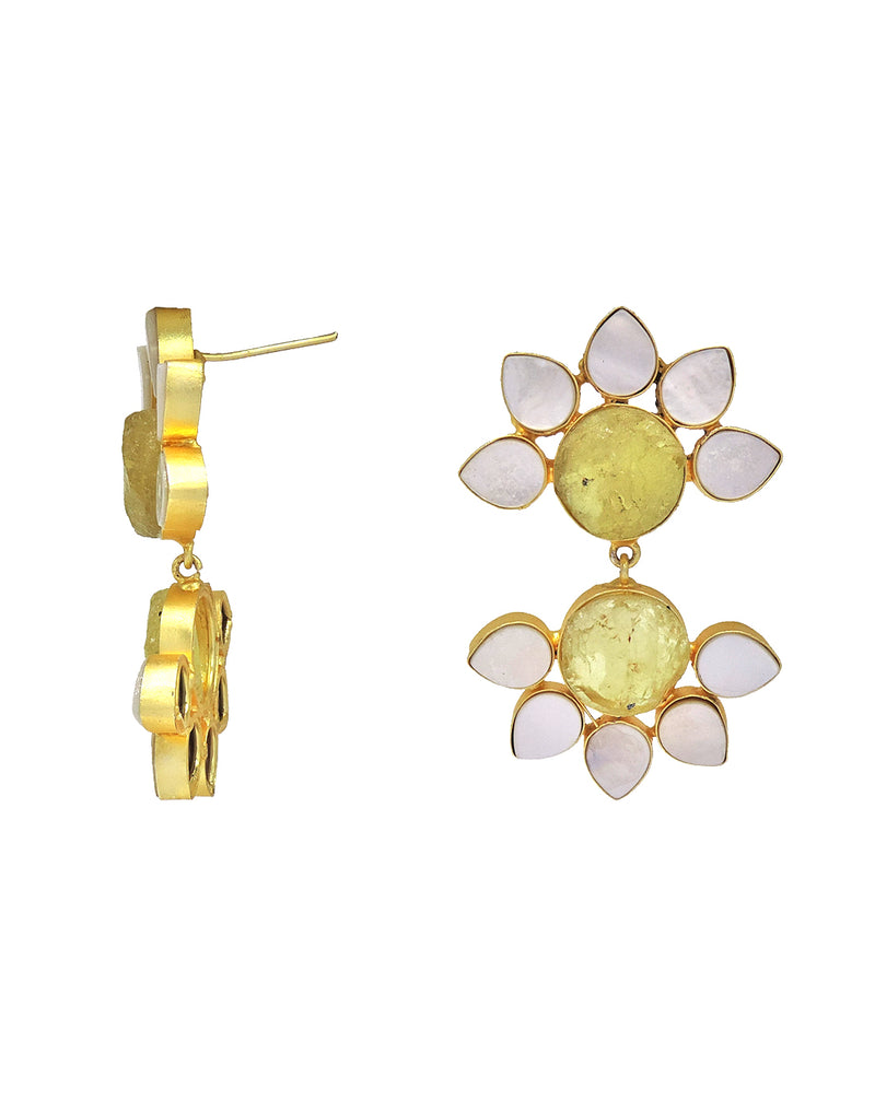 Twin Flora Earrings (Citrine) - Statement Earrings - Gold-Plated & Hypoallergenic Jewellery - Made in India - Dubai Jewellery - Dori