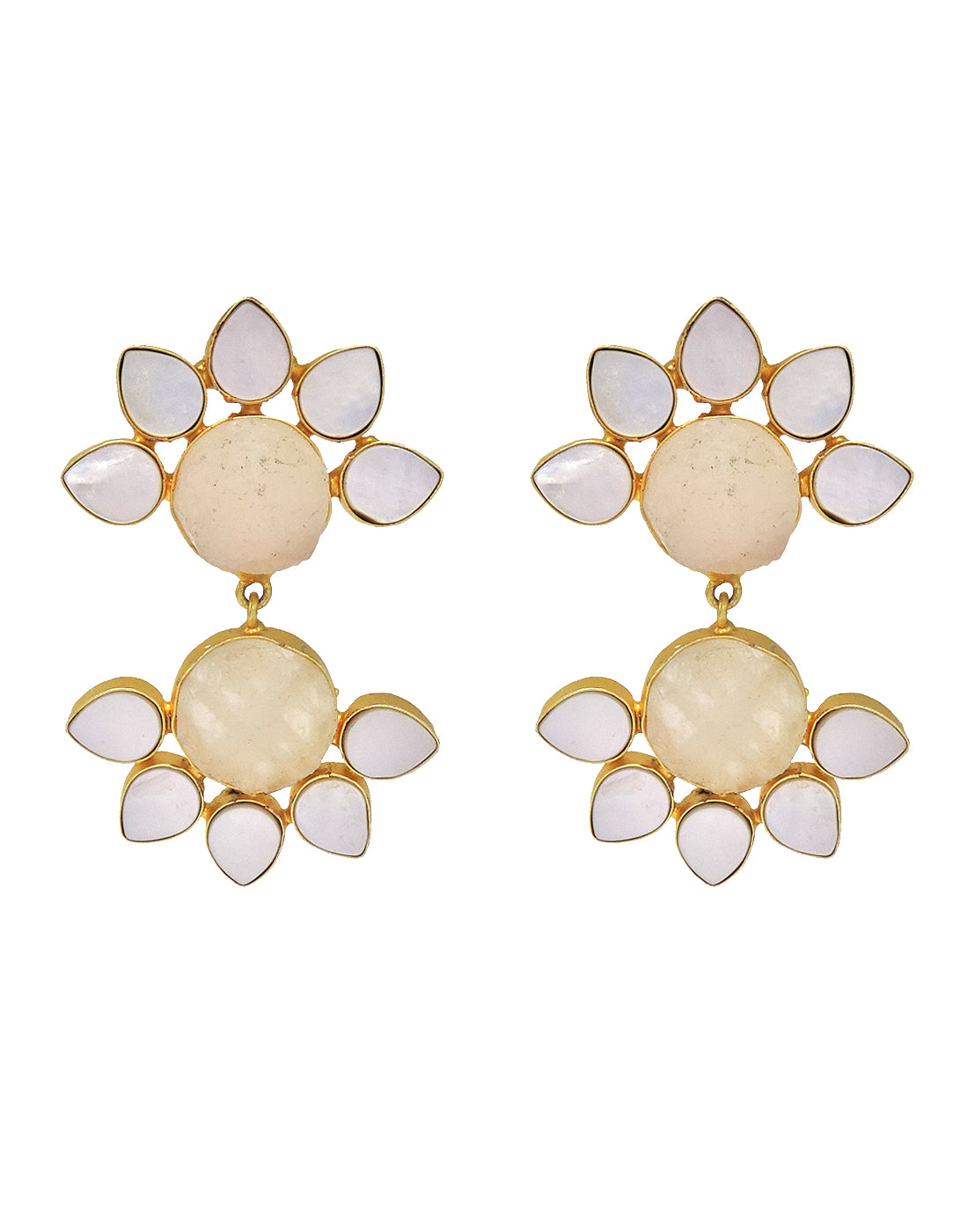 Twin Flora Earrings (Rose Quartz) - Statement Earrings - Gold-Plated & Hypoallergenic Jewellery - Made in India - Dubai Jewellery - Dori