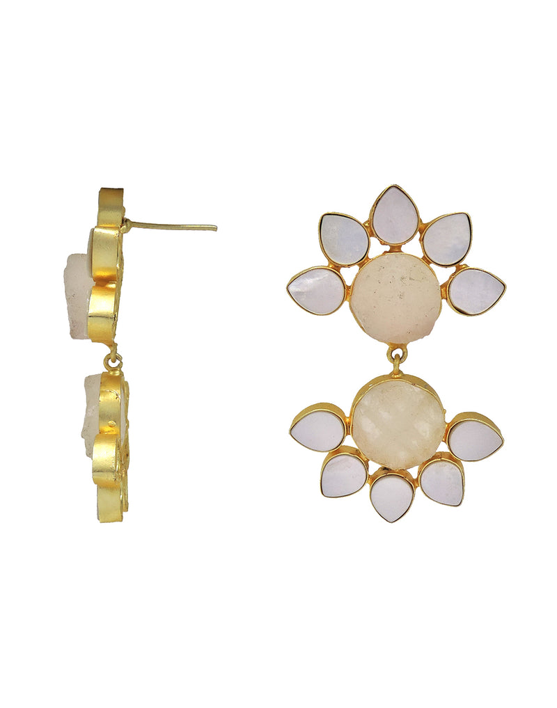 Twin Flora Earrings (Rose Quartz) - Statement Earrings - Gold-Plated & Hypoallergenic Jewellery - Made in India - Dubai Jewellery - Dori