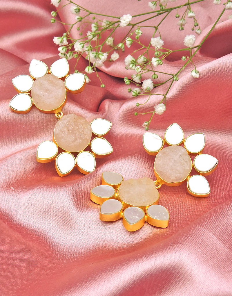 Twin Flora Earrings (Rose Quartz) - Statement Earrings - Gold-Plated & Hypoallergenic Jewellery - Made in India - Dubai Jewellery - Dori