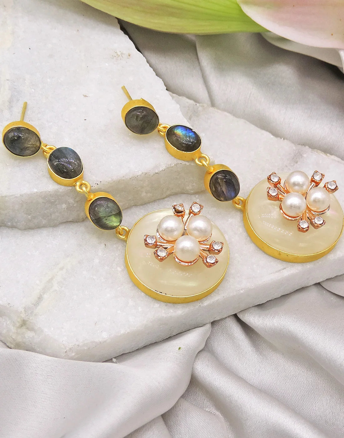 Labradorite & Pearl Drop Earrings- Handcrafted Jewellery from Dori