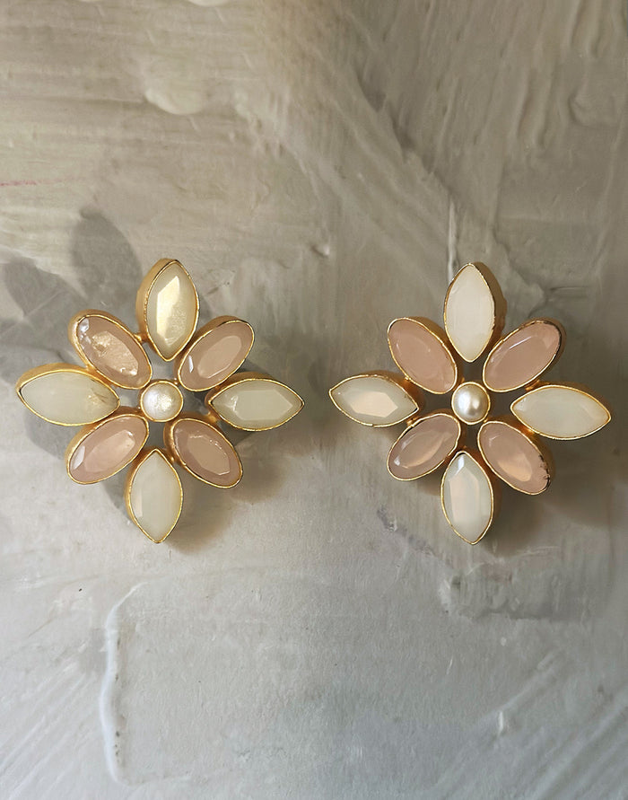 Pink & White Flower Earrings - Statement Earrings - Gold-Plated & Hypoallergenic Jewellery - Made in India - Dubai Jewellery - Dori