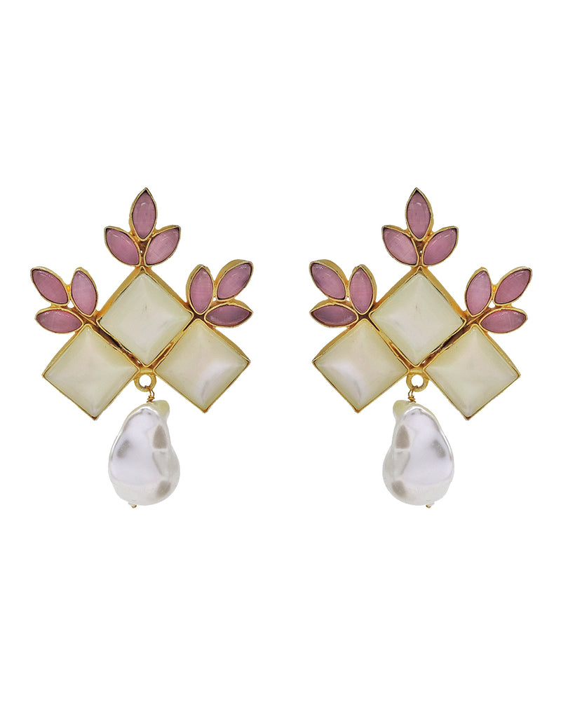 Flower Crown Earrings | Pink & Green - Statement Earrings - Gold-Plated & Hypoallergenic - Made in India - Dubai Jewellery - Dori