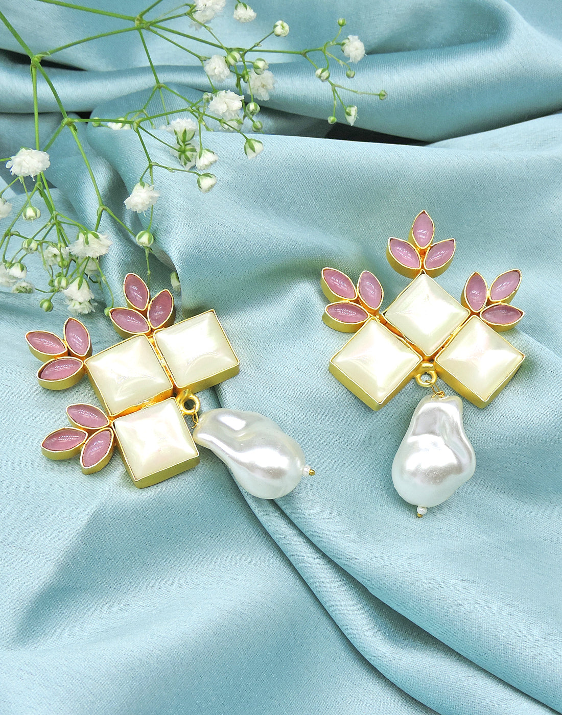 Flower Crown Earrings | Pink & Green - Statement Earrings - Gold-Plated & Hypoallergenic - Made in India - Dubai Jewellery - Dori