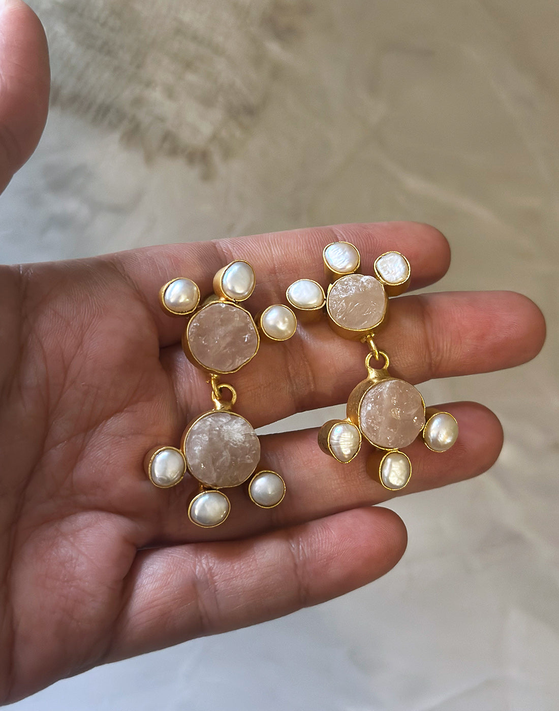 Twin Round Flower Earrings (Rose Quartz) - Statement Earrings - Gold-Plated & Hypoallergenic Jewellery - Made in India - Dubai Jewellery - Dori