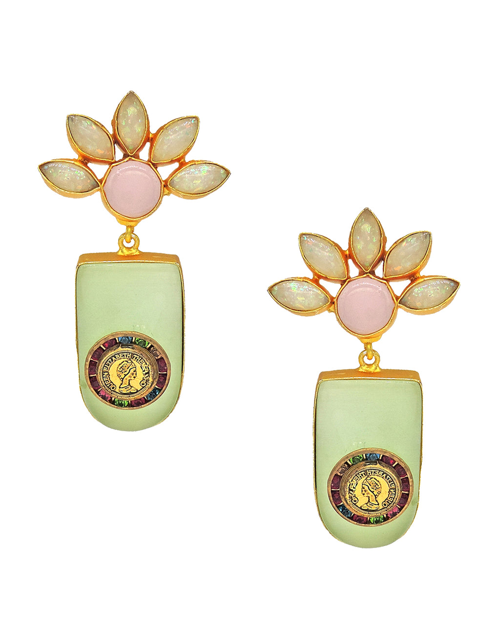 Jade Flower Earrings - Statement Earrings - Gold-Plated & Hypoallergenic - Made in India - Dubai Jewellery - Dori