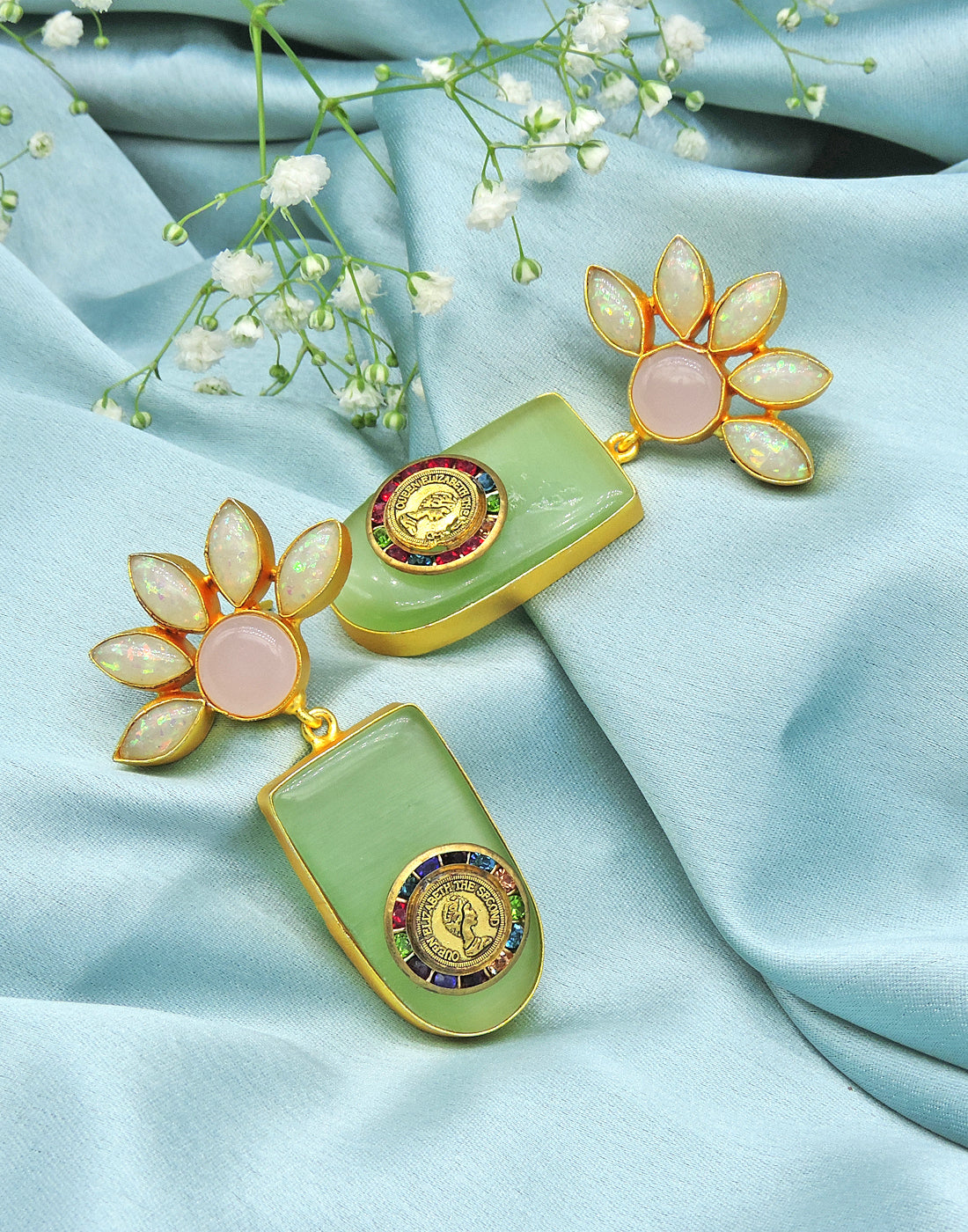 Jade Flower Earrings - Statement Earrings - Gold-Plated & Hypoallergenic - Made in India - Dubai Jewellery - Dori